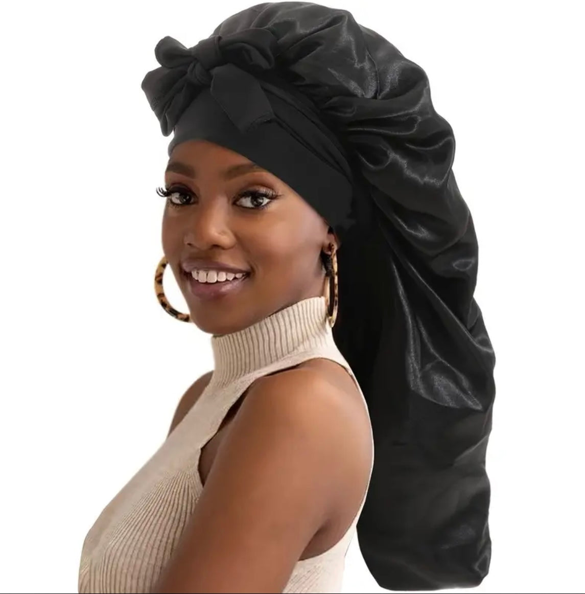 Satin Sleep Bonnet (long size) - BLACK